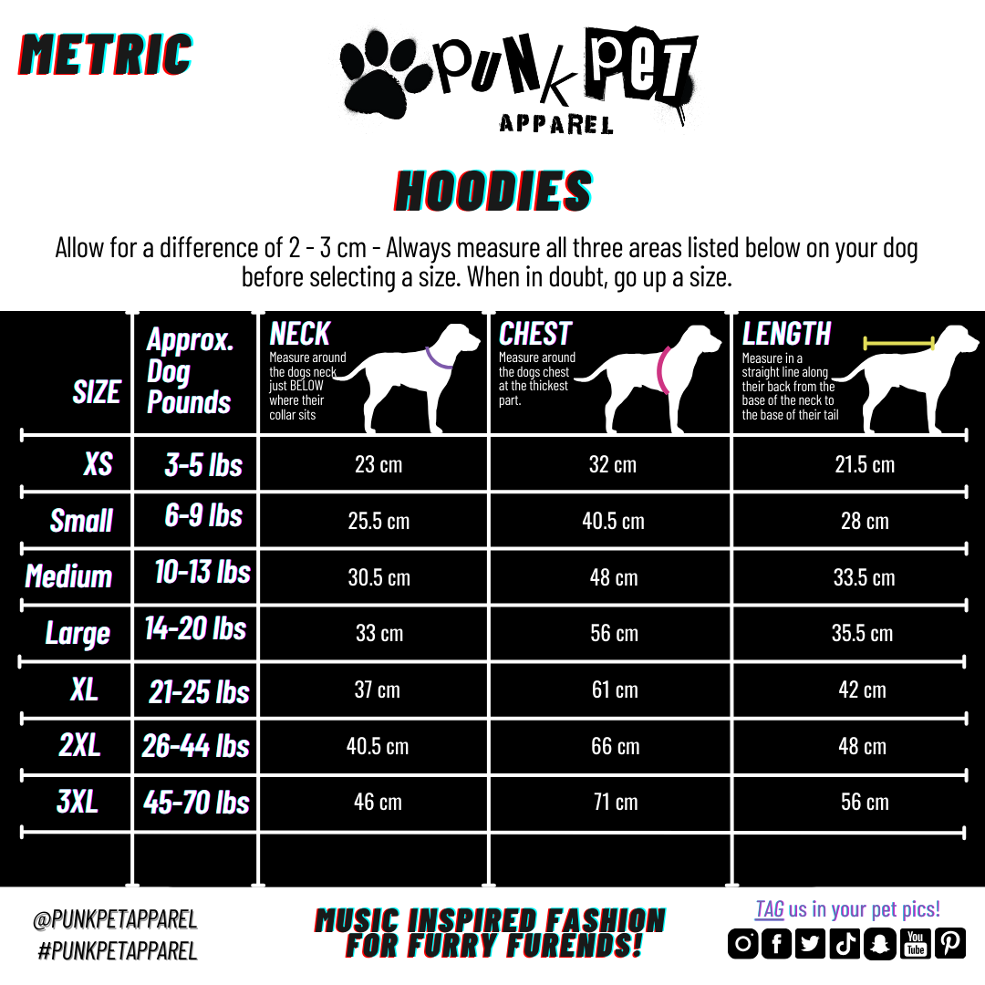 Punk Pet Apparel Size Chart Mental Health Support Dog Hoodie Metric