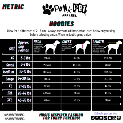 Punk Pet Apparel Size Chart Squirrel Hunter Hoodie Metric